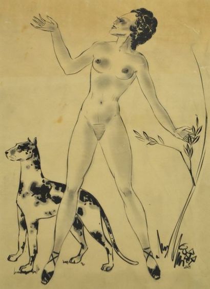 null Lucien VIROT (1909-2003) Femme nue au chien. Encre de Chine sur papier calque...