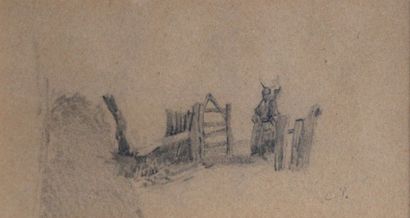 null Camille PISSARRO (1830-1903) Femme devant une barrière. Dessin au crayon monogrammé...