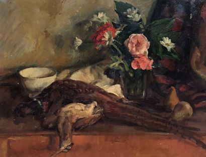null Jean DE GAIGNERON (1890-1976) Nature morte au gibier et fleurs. Huile sur toile....
