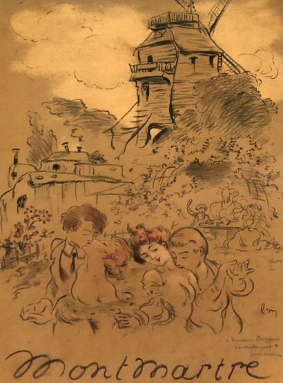 null Louis MORIN (1855-1938) Montmartre. Fusain et crayons de couleurs monogrammé...