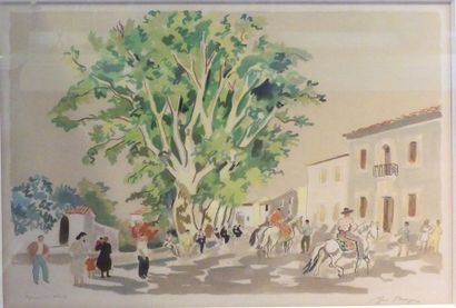 null Yves BRAYER (1907-1990) Place de village ombragée. Lithographie en couleurs,...