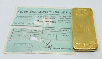 null LINGOT d'or n° 319792 . Poids 1004 g. Poids d'or fin 998,9 g