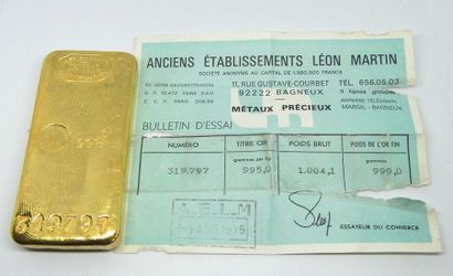 null LINGOT d'or n° 319797 . Poids 1004,1 g. Poids d'or fin 999 g