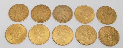 null DIX PIECES de 20 dollars or tête de Liberty: 1900 (3), 1902, 1904 (2), 1896,...