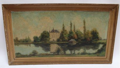null Émile SAUDEMONT (1898-?), Château au bord du lac. Huile sur toile signée en...