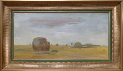 null André MICHEL, Les meules, huile sur toile signée en bas à droite, 31 x 61 c...