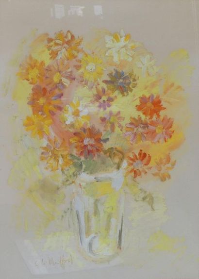 null Ecole française XXe, Bouquet de fleurs champêtres, huile sur papier, 80 x 60...