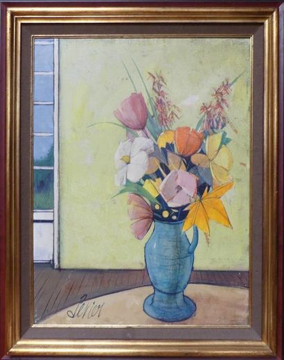 null Charles LEVIER (1920-2004), Bouquet de fleurs au vase bleu, huile sur toile...