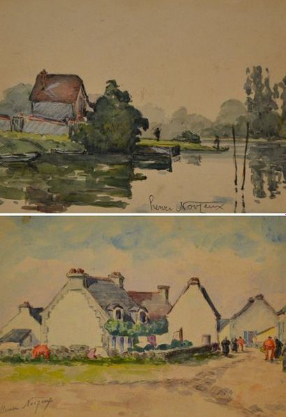 null Henri NOIZEUX (1871-?). Maison au bord de l'étang. Aquarelle signée en bas à...