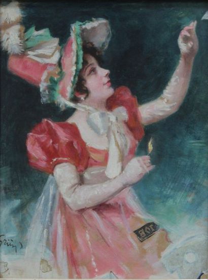 null Jules Alexandre GRÜN (1868-1934) Jeune femme à l'allumette et papier JOB. Gouache...