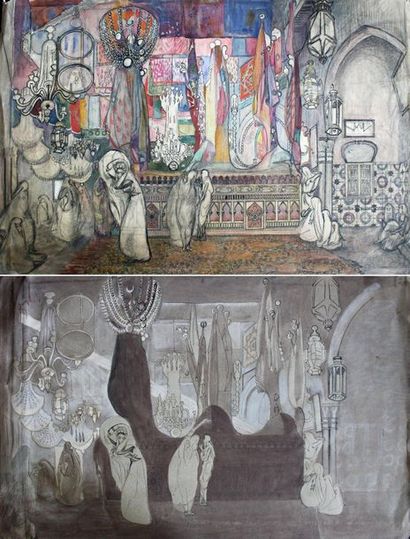 null Ecole orientaliste XXe. Femmes à la mosquée. Fusain et aquarelle. (Petites pliures...