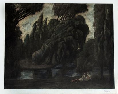 null Alfredo MÜLLER (1869-1939) Deux femmes au bord d'un lac. Eau-forte, aquatinte...