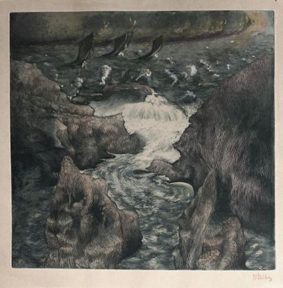 null Alfredo MÜLLER (1869-1939) Côte rocheuse aux trois voiliers. Eau-forte, aquatinte...