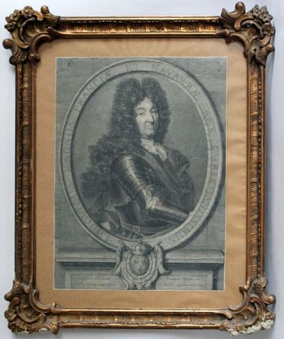 null Pierre DREVET (1663-1738) (d'après) Portait de Louis XIV. Gravure en noir. 56,5...