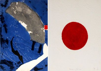 null LIONEL (1949) Composition bleue, carré rouge. Lithographie, collage, technique...