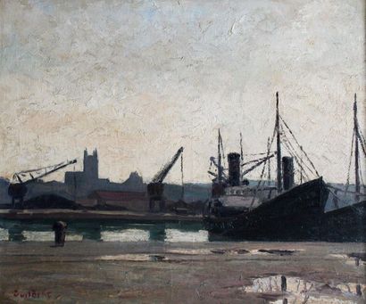 null Narcisse GUILBERT (1878-1942) Bateaux de pêche dans le port de Fécamp. Huile...