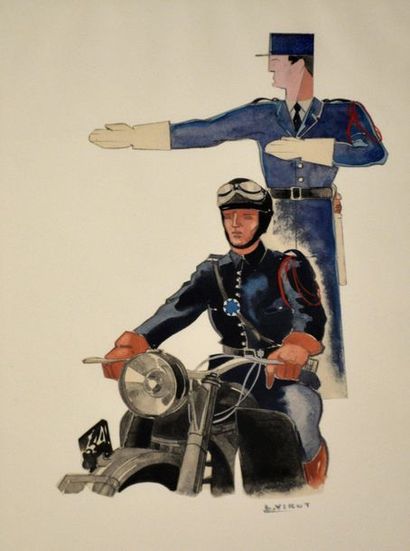 null Lucien VIROT (1909-2003) Agent de Police et motard. Aquarelle signée du cachet...