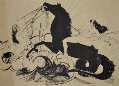 null Lucien VIROT (1909-2003) Sirènes et chevaux marins. Encre de Chine sur papier...