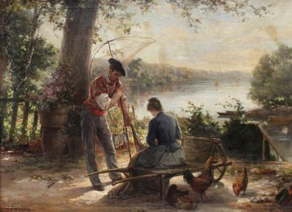 null J. PAQUIN, XIXe. Pêcheur à l'épuisette et femme ravaudant un filet. Huile sur...