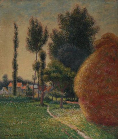 null Léo GAUSSON (1860-1944) Meule de foin, un village à l'arrière-plan, 1889. Huile...