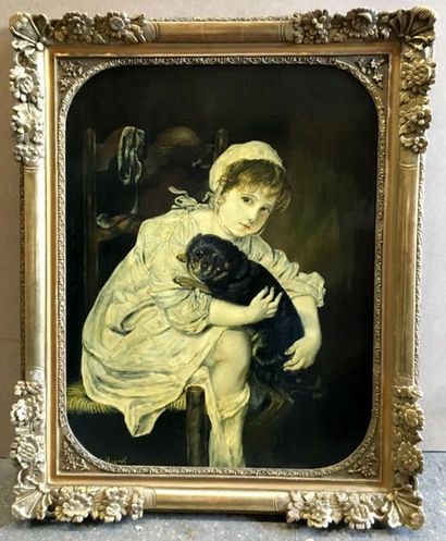 null D'après GREUZE. Enfant et son chien. Toile. Cadre en bois stuqué doré
D'après...