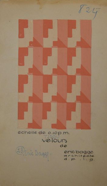 null Eric BAGGE (1890-1978) Projet de tissu à motifs géométriques roses. Gouache...