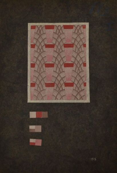 null Eric BAGGE (1890-1978) Projet de tissu à motifs géométriques rouge et rose sur...