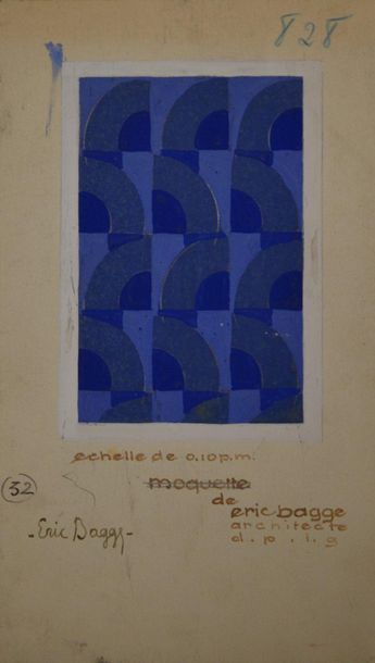 null Eric BAGGE (1890-1978) Projet de moquette à motifs géométriques bleus en arc...