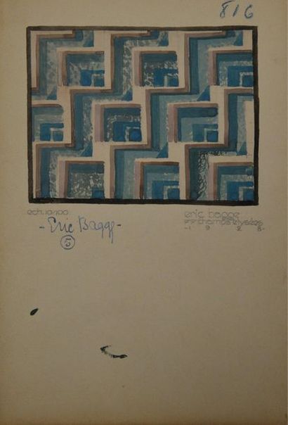 null Eric BAGGE (1890-1978) Projet de tissu à motifs géométriques turquoise et gris,...