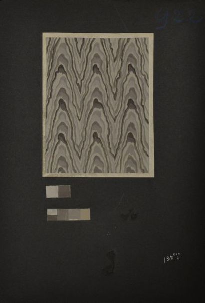 null Eric BAGGE (1890-1978) Projet de tissu à motifs gris imitation bois, contrecollée...
