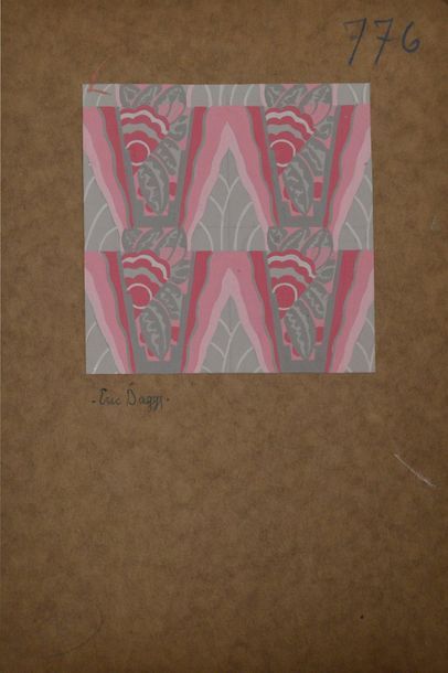 null Eric BAGGE (1890-1978) Projet de tissu à motifs floral stylisé gris et rose,...
