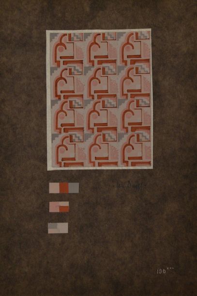 null Eric BAGGE (1890-1978) Projet de tissu à motifs géométriques rouille, rose et...
