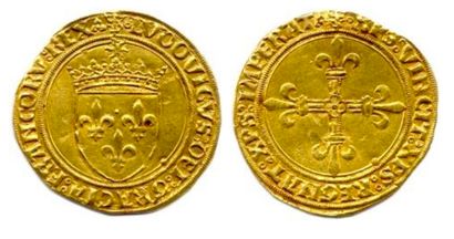 null LOUIS XII 1498-1515 Écu de France couronné surmonté d’un Soleil. Croix aux bras...