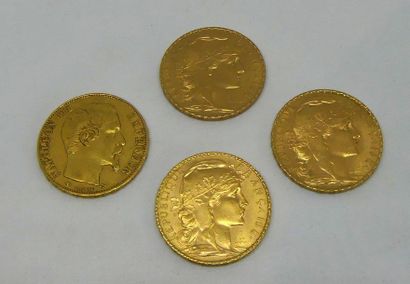 null QUATRE PIECES de 20 francs or, trois Marianne 1907,1909,1912 et un Napoléon...