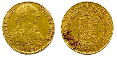 null ESPAGNE - CHARLES III 1759-1788, 8 Escudos or 1788. Séville. (27,12 g), Légers...