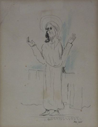 null Max JACOB (1876-1944) Le Christ bénissant. Plume et crayon bleu sur papier signé...