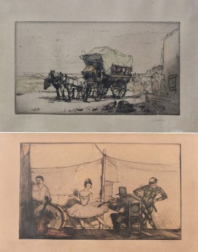 null Armand COUSSENS (1881-1935) Horse trailer. Etching in colours signed in pencil...
