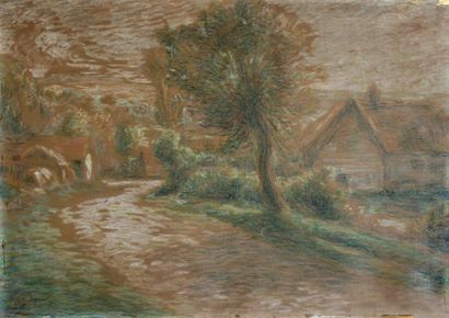 null Théophile Alexandre STEINLEN (1859-1923) Chemin en campagne. Crayons de couleurs...