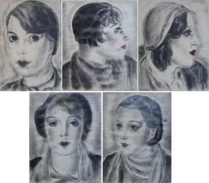 null Zygmunt SZPINGIER (1901-1960) Cinq portraits de femmes. Estompe à la mine de...