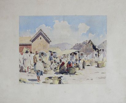 null JOSEPH, début XXe. Marché à Madagascar, 1923. Aquarelle signée, située Panianankanioniy(?)...