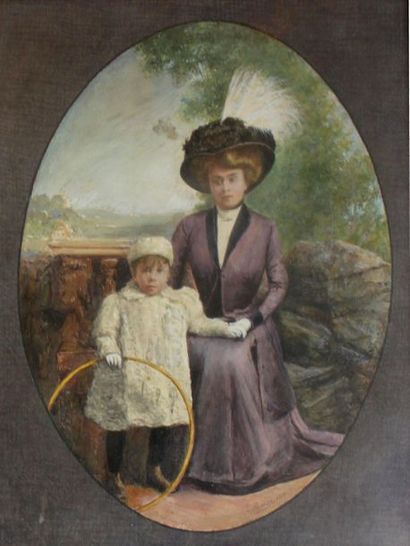 null RAJESY (1860-1926) Mère et enfant au cerceau, Tananarive, 1923. Pastel gras...