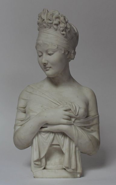  Joseph CHINARD (1756-1813) (d'après), école du XIXe. Buste de Mme Récamier. Marbre...