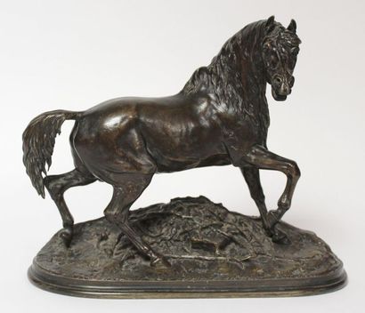  Pierre-Jules MÈNE (1810-1879) Cheval, antérieur droit levé. Bronze à patine bronze...