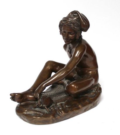  François RUDE (1784-1855) Jeune pêcheur napolitain à la tortue. Bronze à patine...