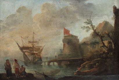  Hubert ROBERT (1733-1808) (dans le goût de), Ecole française, fin XVIIIe. Port fortifié...