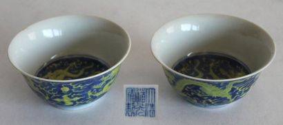 null CHINA. Pair of small BOLS in enamelled porcelain, the bottom and the belly with...