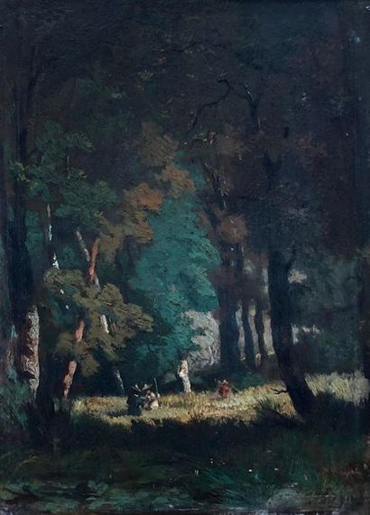 null E. BOYER, late 19th century. Asian peasants in the undergrowth. Oil on panel...