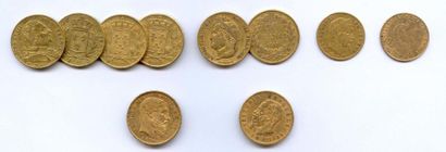 null Lot de 10 pièces d?or de 20 Frs et 10 Frs : 4 pièces de 20 Frs Louis XVIII 1814...