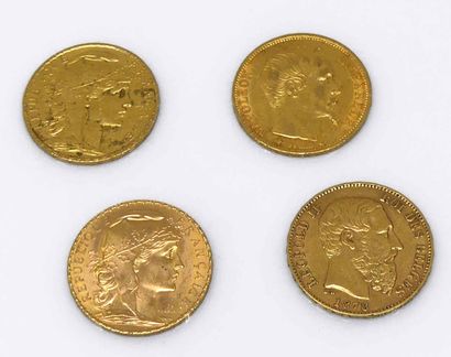 null QUATRE PIECES de 20 francs or: Marianne (2), Napoléo III (1), Léopold II Roi...