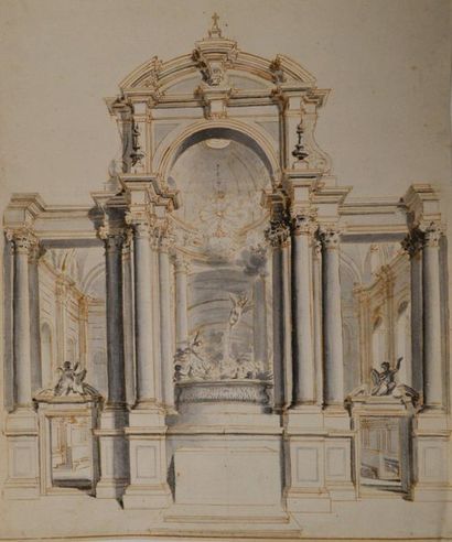 null Ecole italienne vers 1700 Projet architectural de chapelle avec un décor de...